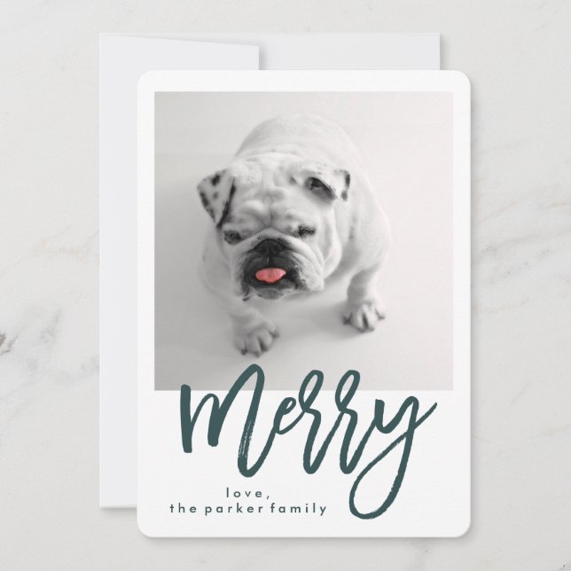Minimal Modern Merry | Teal with Photo Holiday Card (Front)