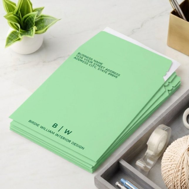 Minimal & Modern Mint Green Monogram Business Envelope Mailers (custom business envelope printing, minimalist mint green packaging, elegant custom business envelope)