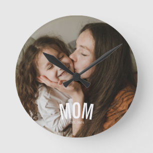 Minimal Modern Mom Established Photo White Round Clock