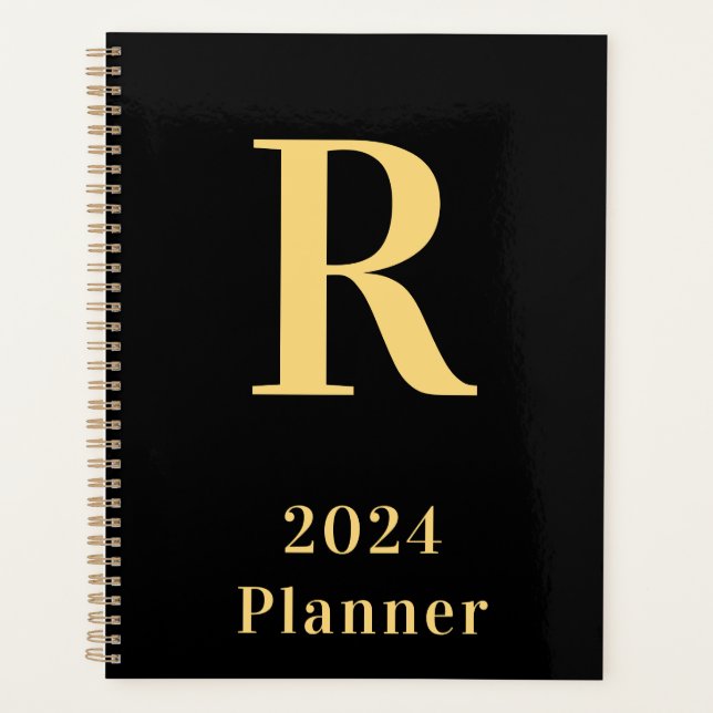 Minimal Modern Monogram Black Gold 2024 Planner (Front)
