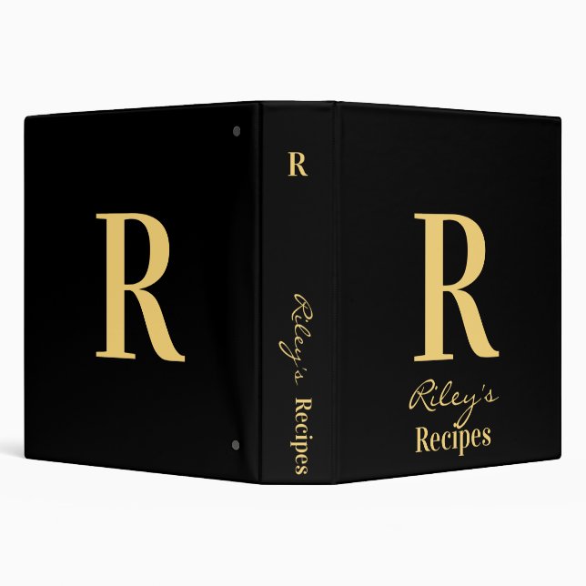 Minimal Modern Monogram Name Black Gold Recipe 3 Ring Binder (Background)