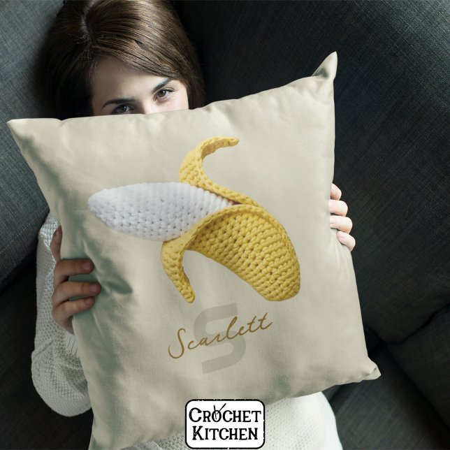 Minimal Modern Monogram Name Crochet Banana Throw Pillow (Creator Uploaded)