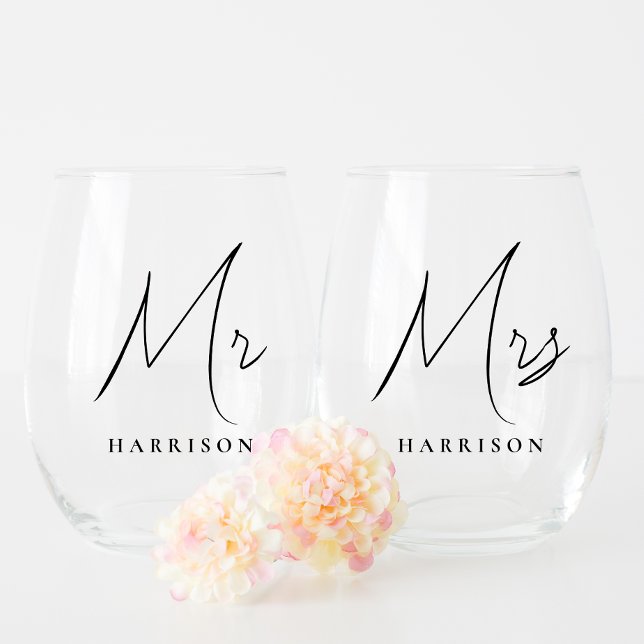 Minimal Modern Mr Mrs Script Newlyweds Stemless Wine Glass (Creator Uploaded)