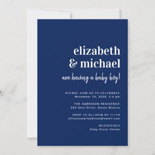 Minimal Modern Navy Couples Baby Boy Shower Invitation