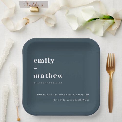 Minimal Modern Navy Grey Blue Typography Wedding Paper Plates