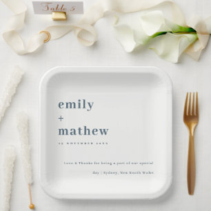 Minimal Modern Navy Grey Blue Typography Wedding Paper Plates