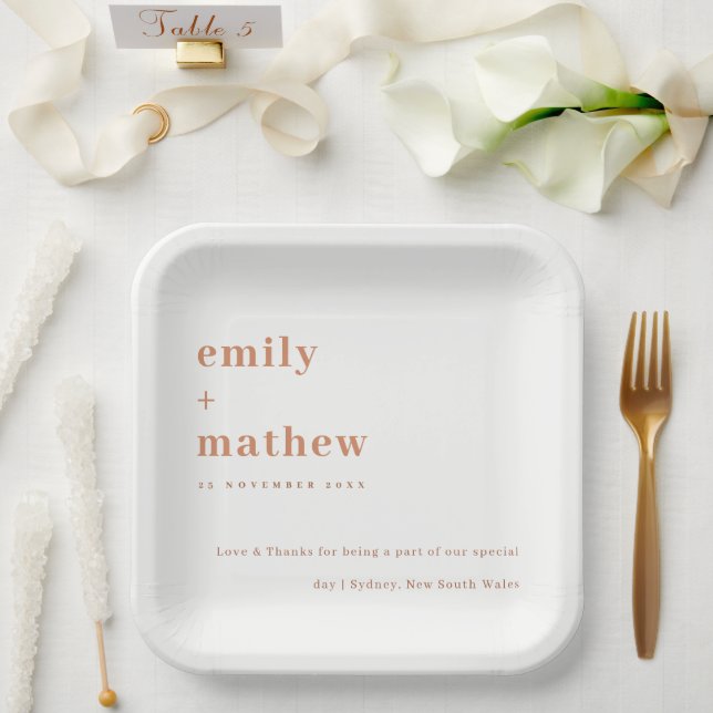 Minimal Modern Navy Rust Orange Typography Wedding Paper Plates (Wedding)