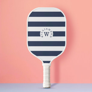 Minimal Modern Navy Stripe Custom Monogram & Name Pickleball Paddle
