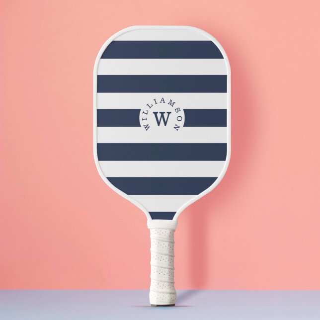 Minimal Modern Navy Stripe Custom Monogram & Name Pickleball Paddle (Creator Uploaded)