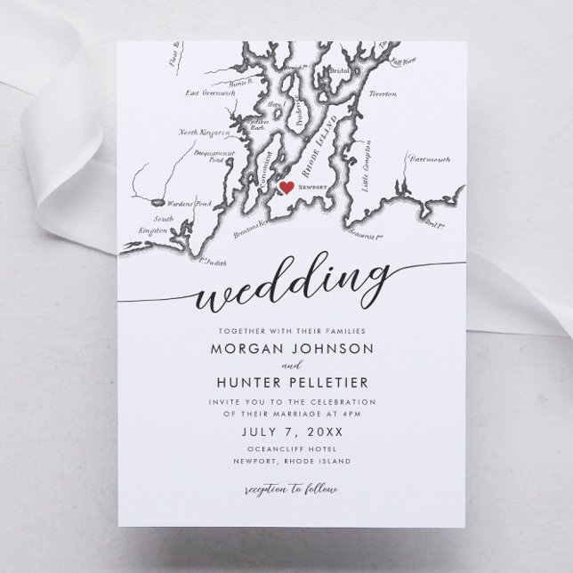 Minimal Modern Newport Rhode Island Map Wedding Invitation (Newport Rhode Island Wedding Invitation with a minimal modern elegant map design in black and white )