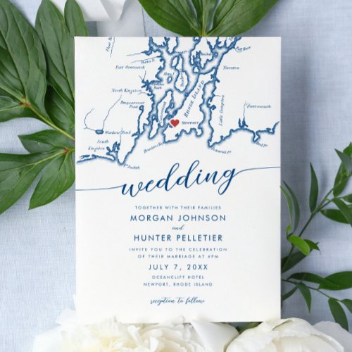 Minimal Modern Newport Rhode Island Map Wedding Invitation
