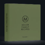 Minimal Modern Olive Family Monogram Recipe 3 Ring Binder<br><div class="desc">Modern recipe binder features a minimalist design in an olive green and black color palette. Personalized family name presented in the center in stylish simple font with a complimentary minimal monogram medallion. Shown with a custom name and monogram initial on the front in modern typography, this personalized family recipe binder...</div>