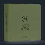 Minimal Modern Olive Family Monogram Recipe 3 Ring Binder<br><div class="desc">Modern recipe binder features a minimalist design in an olive green and black color palette. Personalized family name presented in the center in stylish simple font with a complimentary minimal monogram medallion. Shown with a custom name and monogram initial on the front in modern typography, this personalized family recipe binder...</div>