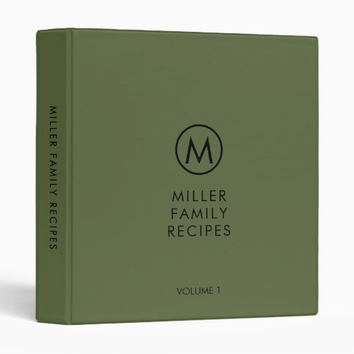 Minimal Modern Olive Family Monogram Recipe 3 Ring Binder