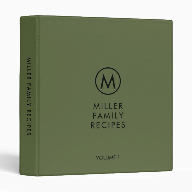 Minimal Modern Olive Family Monogram Recipe 3 Ring Binder (Front/Spine)