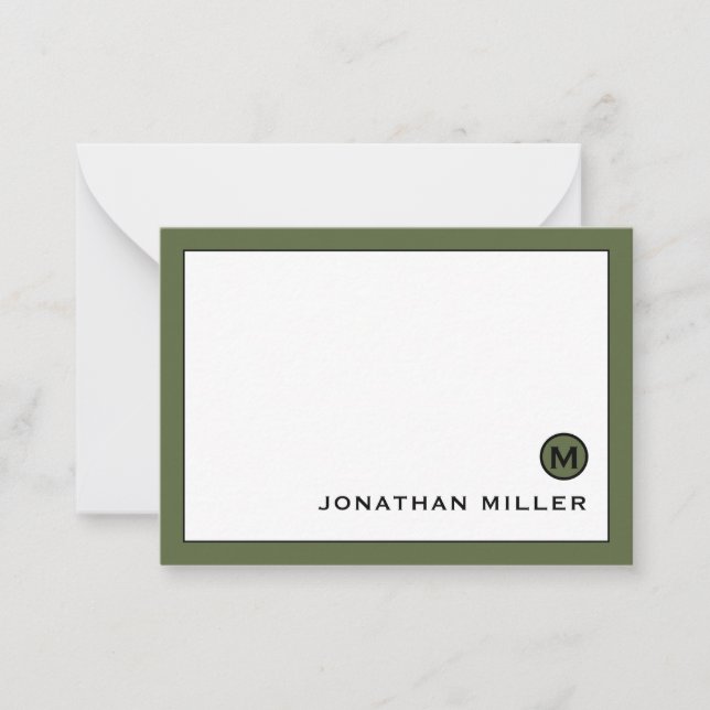 Minimal Modern Olive Green Monogram Note Card (Front)