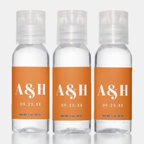 Minimal Modern Orange Monogram Intials Wedding Hand Sanitizer