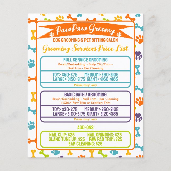 Minimal modern Paws Dog Grooming Price List Flyer