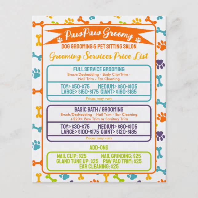 Minimal modern Paws Dog Grooming Price List Flyer Zazzle