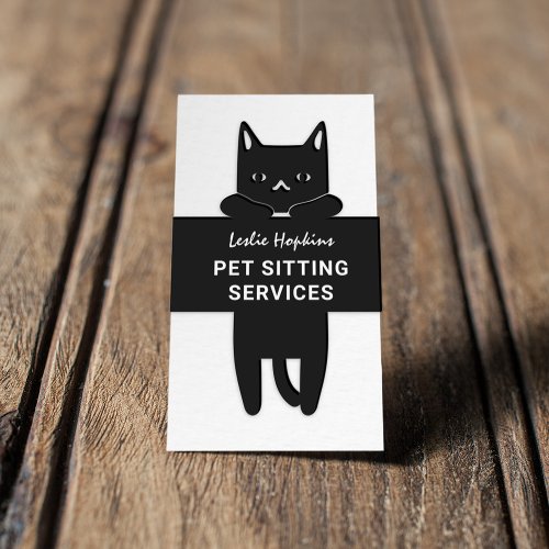 Minimal Modern Pet Sitting Services  Black Cat Business Card