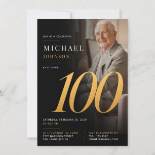 Minimal Modern Photo Black and Gold 100th Birthday Invitation