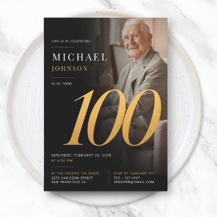 Minimal Modern Photo Black and Gold 100th Birthday Invitation