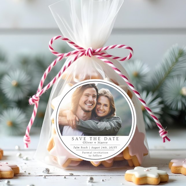 Minimal Modern Photo Black White Save The Date Classic Round Sticker (Creator Uploaded)