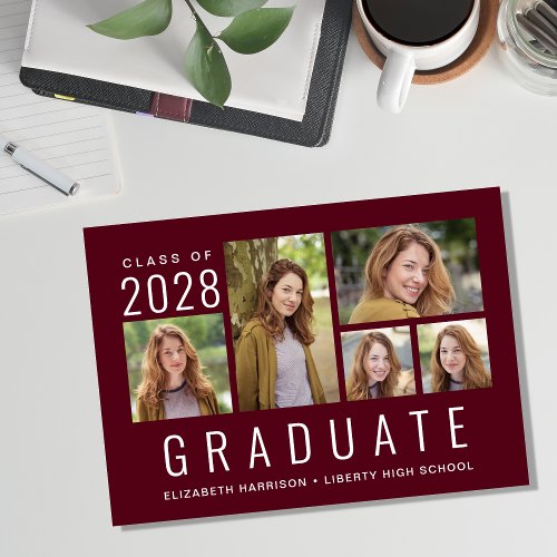 Minimal Modern Photo Collage Burgundy Graduation Announcement