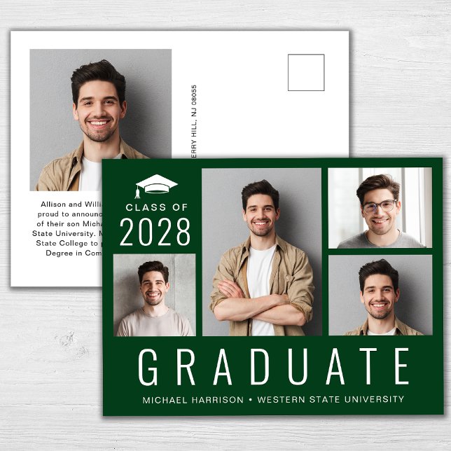 Minimal Modern Photo Collage Green Graduation Announcement Postcard (Creator Uploaded)