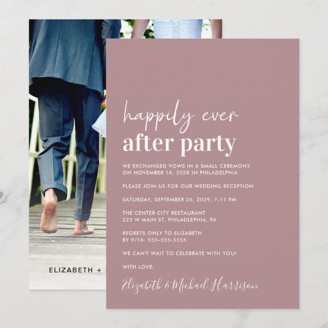 Minimal Modern Photo Dusty Rose Wedding Reception Announcement (Front/Back)