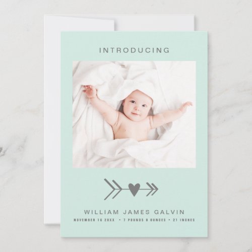 Minimal Modern Photo Heart Arrow Mint Green Birth Announcement