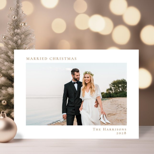 Minimal Modern Photo Married Christmas White Gold Holiday Card (A beautiful and unique photo card to announce your marriage to family + friends this holiday season)