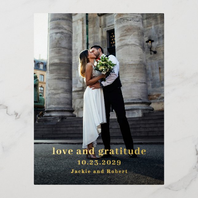 Minimal Modern Photo Wedding Thank You Foil Invitation Postcard (Front)