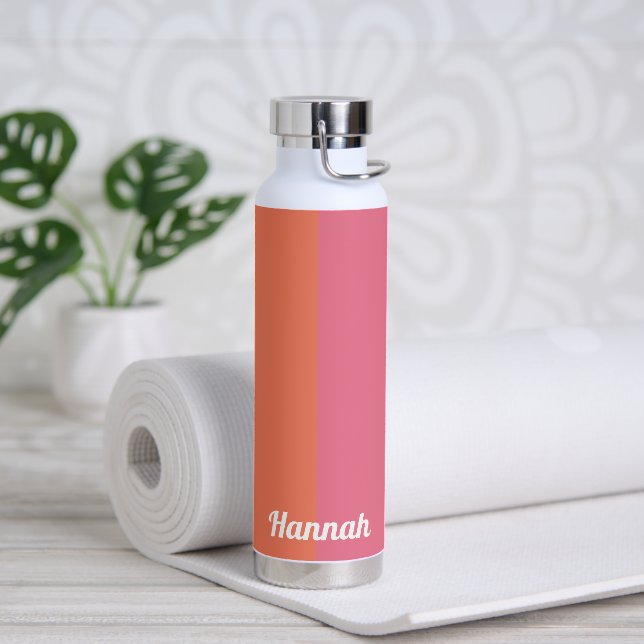 Minimal Modern Pink Orange Stripes Personalized  Water Bottle (Yoga)