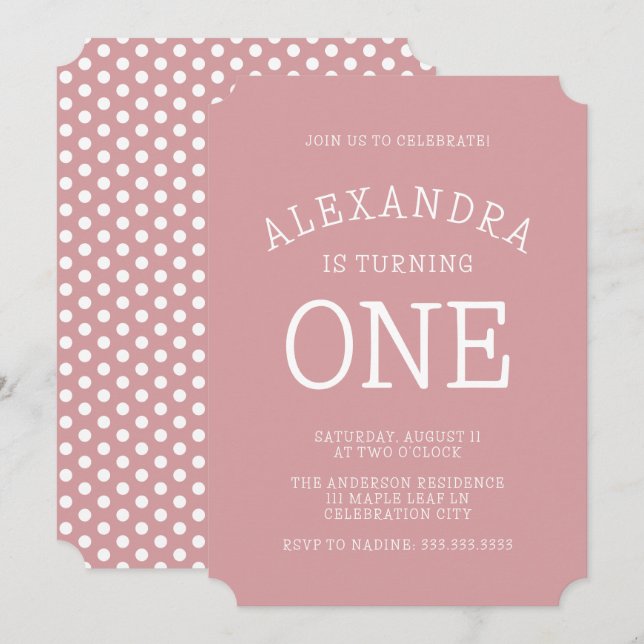 Minimal Modern Pink Polka Dot First Birthday Invitation (Front/Back)