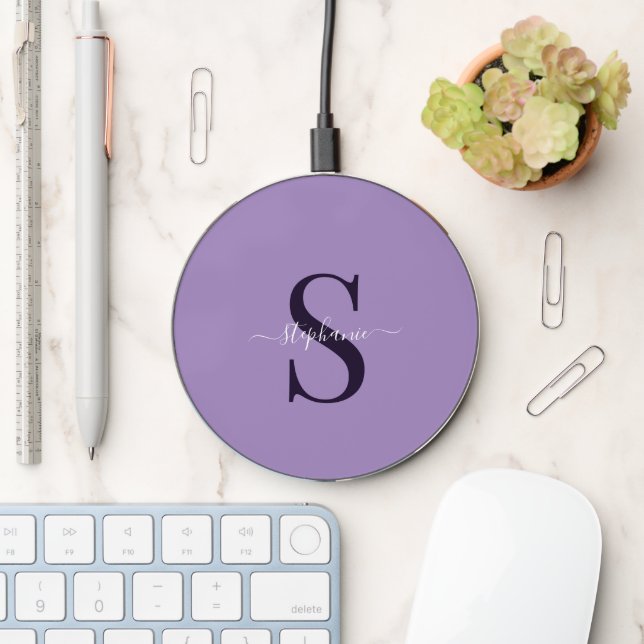 Minimal Modern Purple Monogram Name + Initial Wireless Charger (Desk)