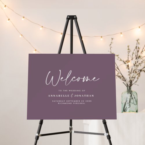 Minimal modern purple script welcome wedding foam board