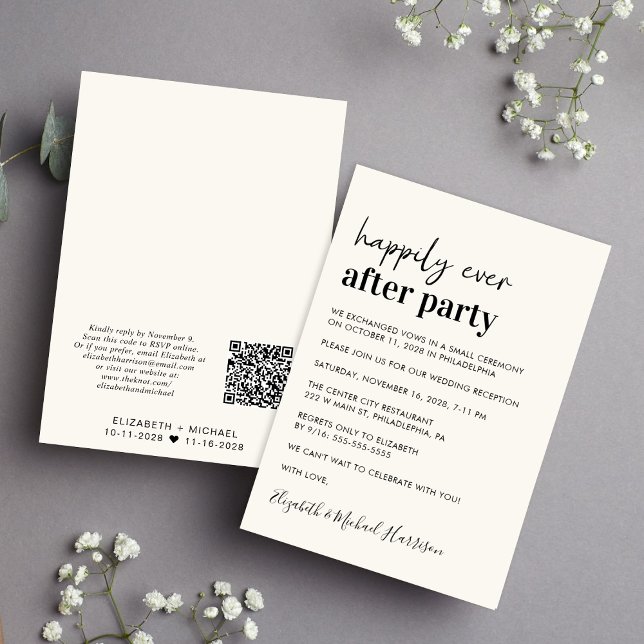 Minimal Modern QR Code Cream Wedding Reception Invitation (From private vows to a grand happily ever after party - celebrate with family and friends)