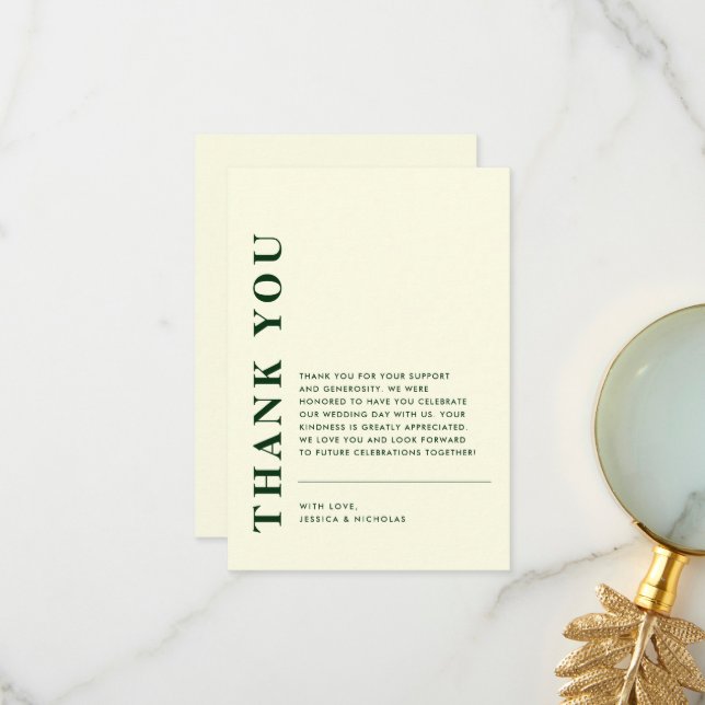 Minimal Modern QR Code Ivory & Green Wedding Thank You Card (Front/Back In Situ)