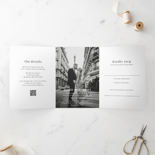 Minimal Modern QR Code Photo Wedding Tri-Fold Invitation (Inside)