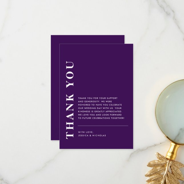 Minimal Modern QR Code Purple Wedding Thank You Card (Front/Back In Situ)