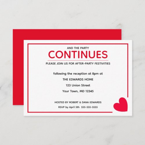 Minimal Modern Red Heart After Party Enclosure RSVP Card