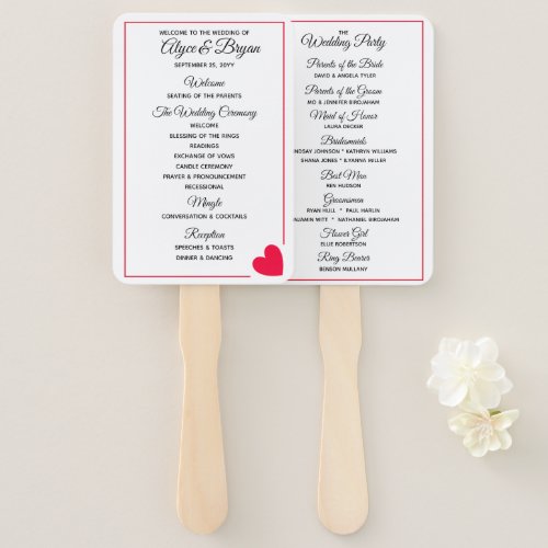 Minimal Modern Red Heart Valentine Wedding Program Hand Fan