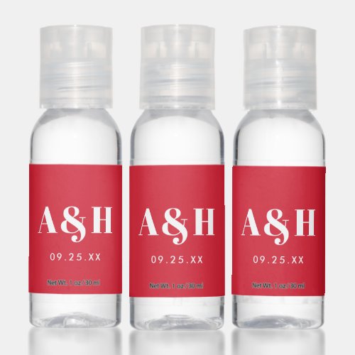 Minimal Modern Red Monogram Intials Wedding Hand Sanitizer