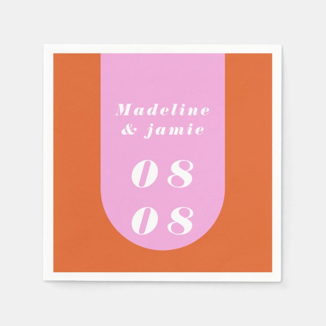 Minimal Modern Retro Arch Pink & Orange Bold Date Napkins (Front)