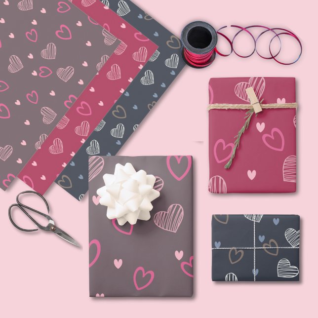 Minimal Modern Romantic Doddle Heart Pattern Wrapping Paper Sheets (Creator Uploaded)