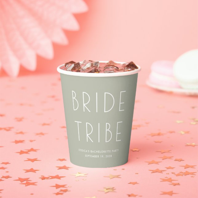 Minimal Modern Sage Green Bride Tribe Bachelorette Paper Cups (Insitu)
