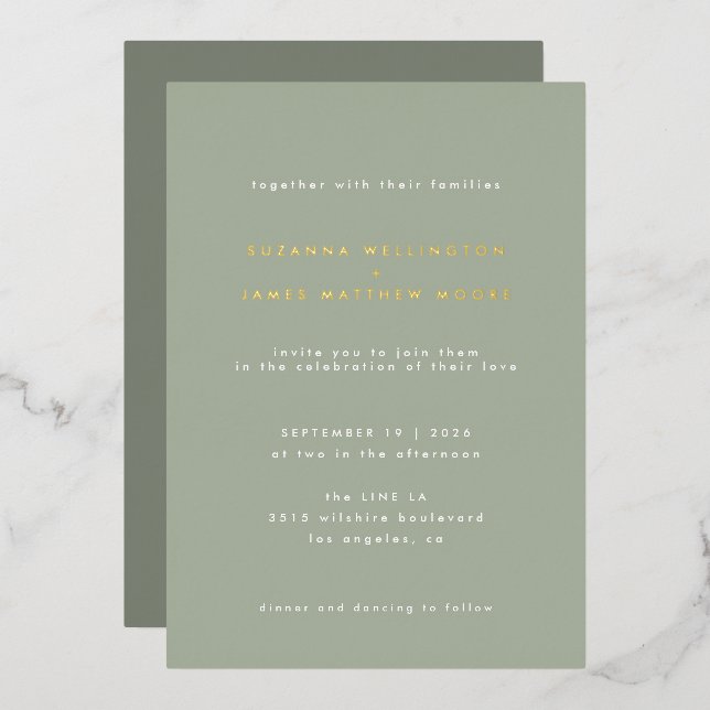 Minimal Modern Sage Green Wedding Real Gold Foil Invitation (Front/Back)