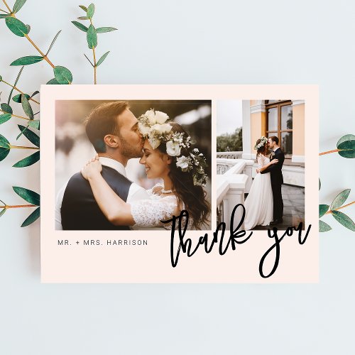 Minimal Modern Script 2 Photos Wedding Thank You Card