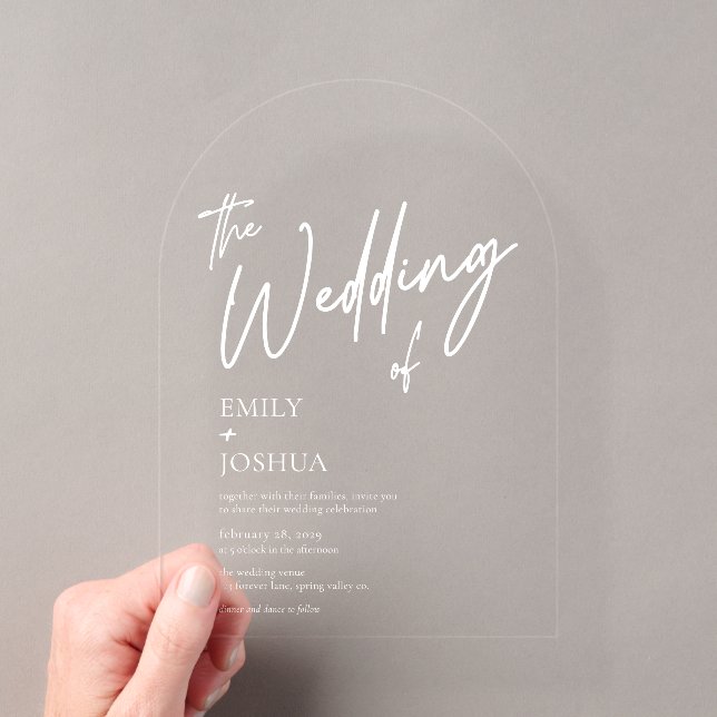 MInimal Modern Script Arch Wedding Acrylic Invitations (Insitu (Handheld))